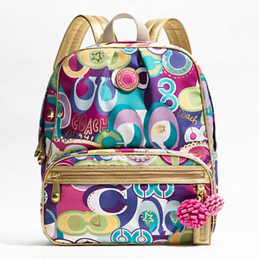 Coach 19432 Poppy Multi Color Graffiti Backpack with Gold Tone Leather Trim EUC! - Picture 10 of 10